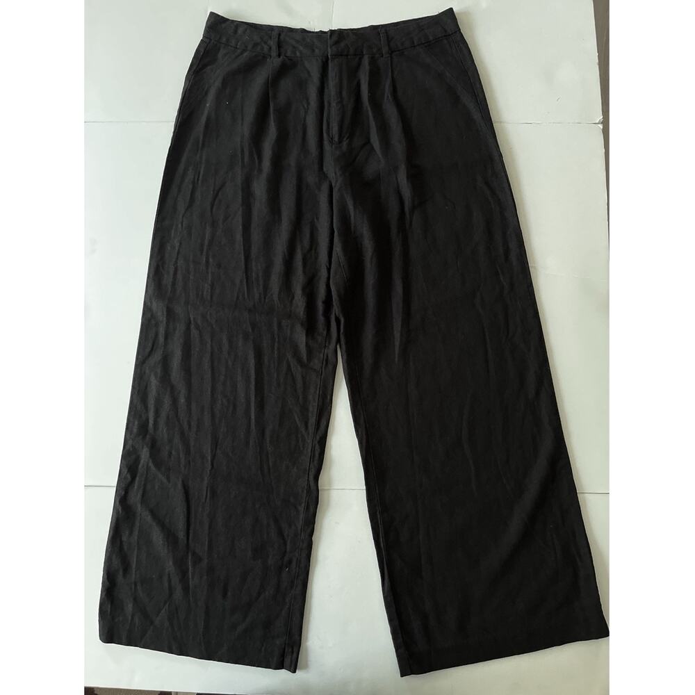 Sound Style Linen Blend Pants Women 12 Black Wide Leg Relaxed Fit 80s Beachy